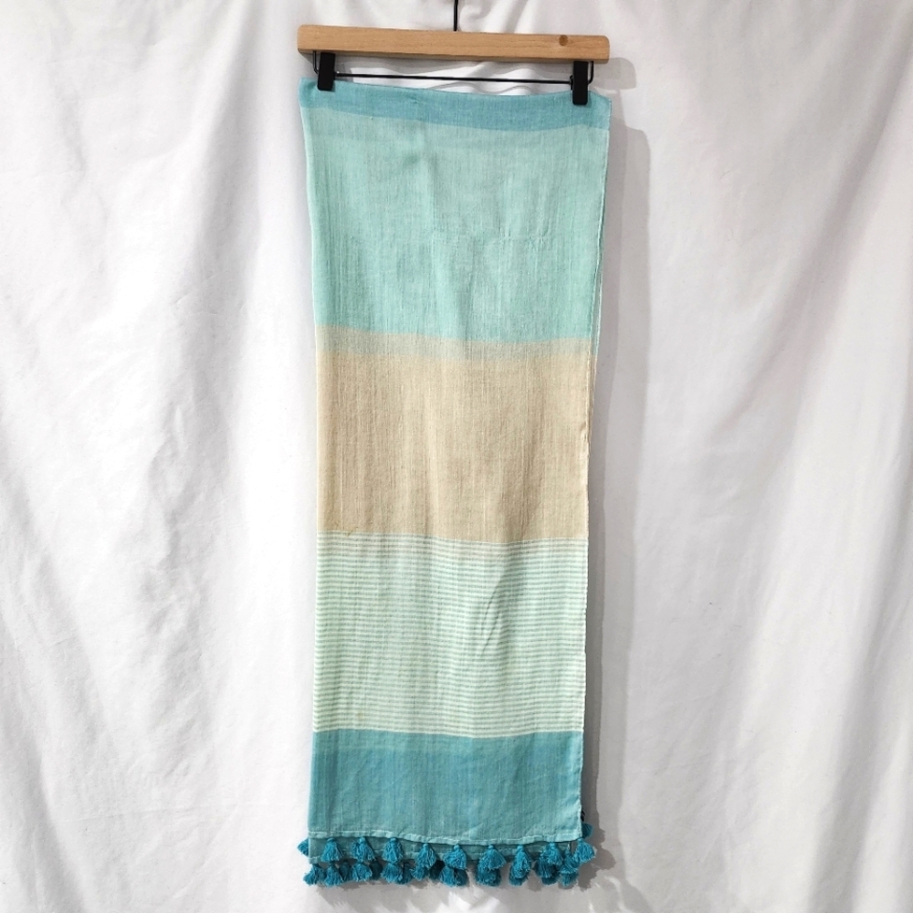 Talbots Womens Scarf OS‎ Turquoise Colorblock Tassel Trim Coastal Boho Striped